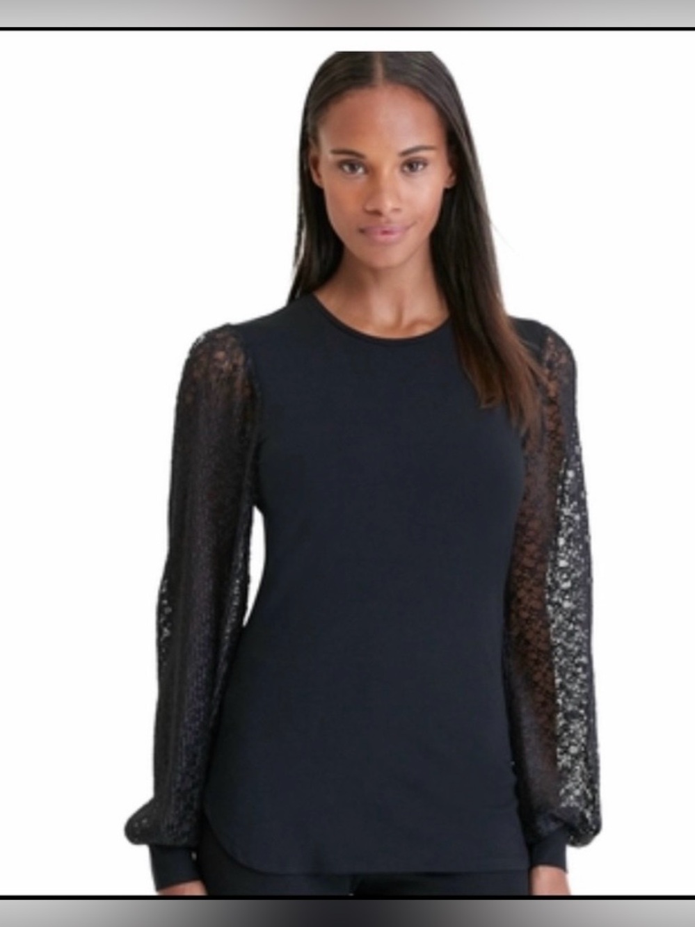 Ralph Lauren Black Lace-Sleeve Crewneck Top